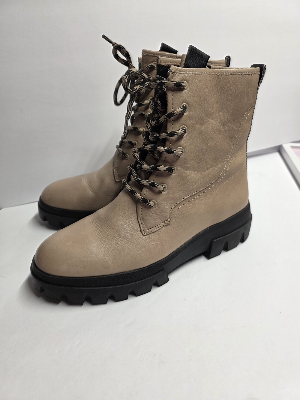 Franco Sarto Taupe Combat Boots with Black Lug Sole